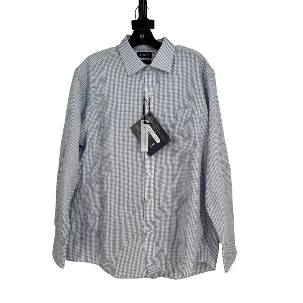 Stantt Men's Wrinkle-Resistant Blue Tattersall Sport Shirt Size Liberty 17.5